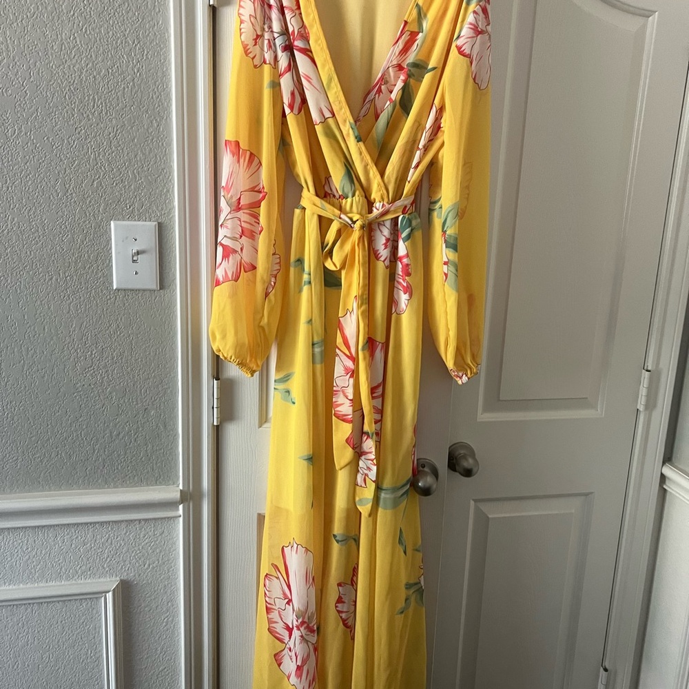 Elegant sundress Yellow Wrap Sundress with Bishop Sleeves and Plunge Neckline